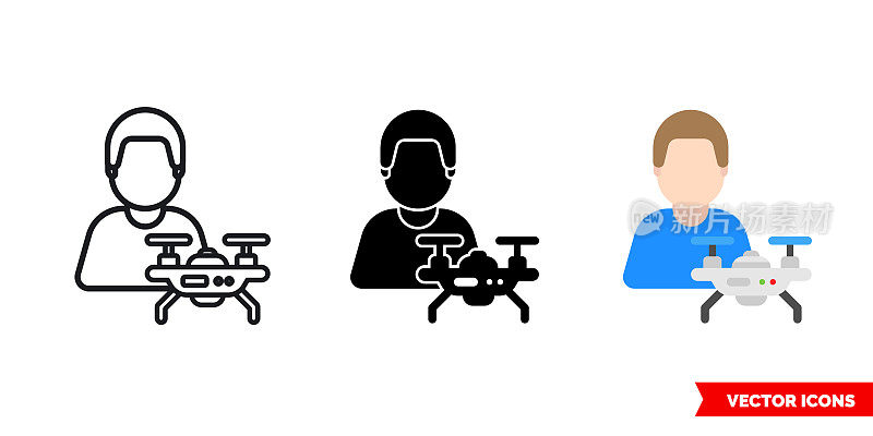 Drone quadrocopter operator icon of 3 types color, black and white, outline. Isolated vector sign symbol